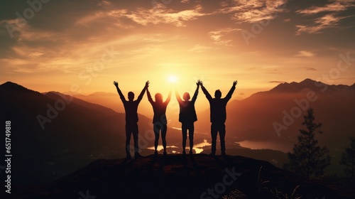 Silhouette of team stand and feel happy on the most hight at the mountain on sunset, success, leader, teamwork, target, Aim, confident, achievement, goal, on plan, finish, generate by AI