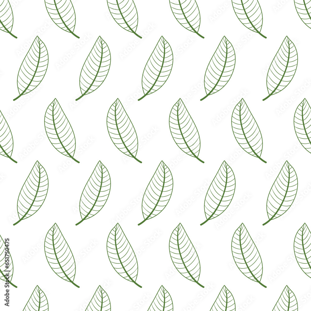 Vector seamless pattern with outline green abstract leaves