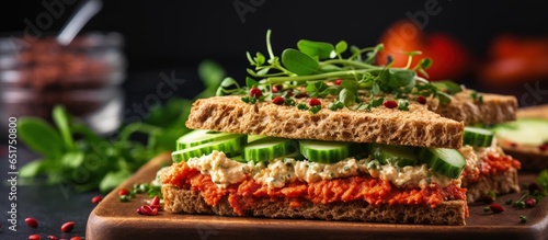 Vegan sandwich with veggies and vegan cheese on a wooden board Healthy snack diet vegan concept photo