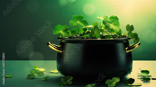 Pot of Gold with Shamrocks good for St Patrick's Day Banners or Cards Generative AI