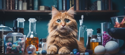 A ginger cat playing with medical items representing pet treatment