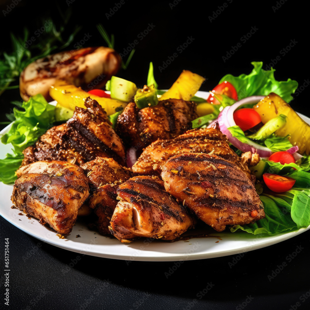 Slices of home-made jerk chicken fillets marinated in jerk seasoning, AI Generated