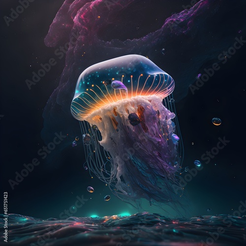 halfmechanical jellyfish floating through space in the background galaxies are in the distance hyperrealistic Sony Alpha 7 chaos 60 cinematic lighting futuristic neon  photo