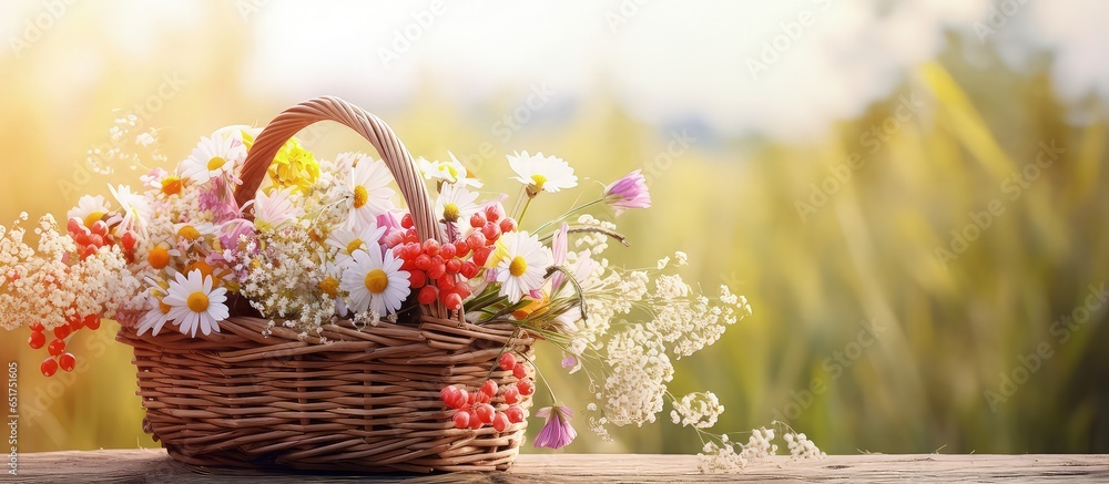 Traditional customs on 15 day of the Assumption of Mary include herbal consecration with a Christian cross and meadow flowers in a wicker basket set on a table with a natural background It  - obrazy, fototapety, plakaty 