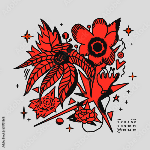 Abstract flowers in a pot with stars and noise texture. Hand-drawn grunge tropical flowers. Stylish streetwear print, for t-shirt, hoodie, sweater. Isolated on white background