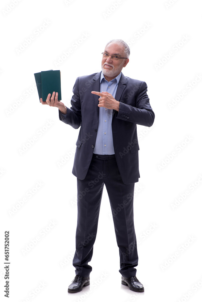 Old businessman holding books isolated on white Old businessman holding books isolated on white
