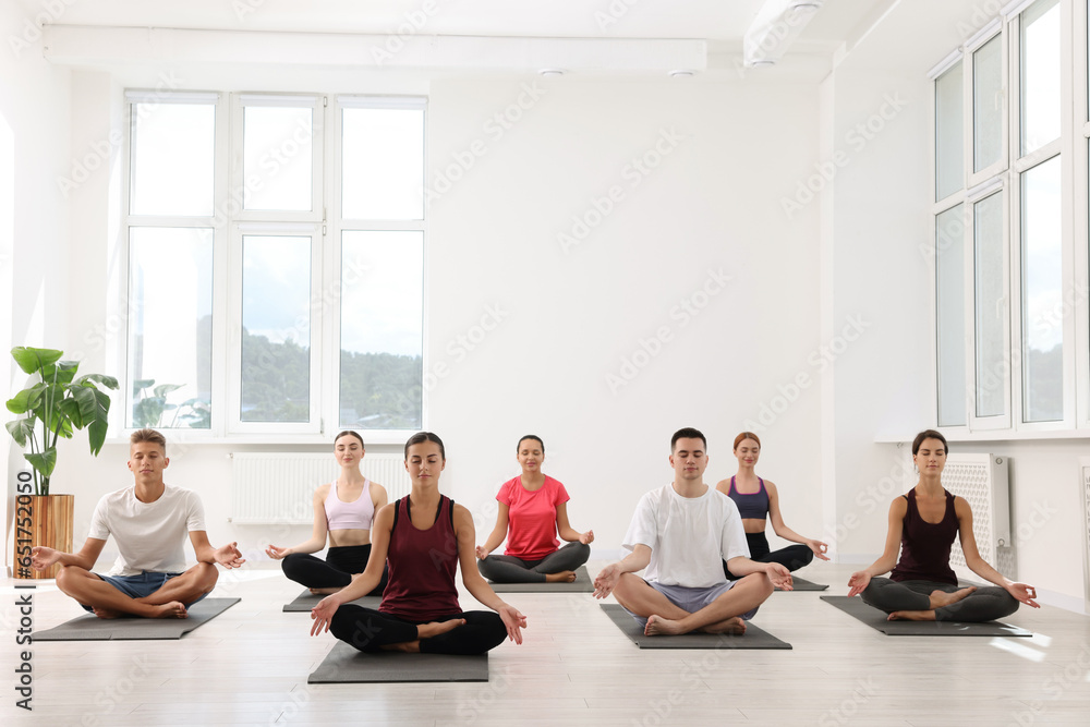 Group of people practicing yoga on mats indoors, space for text Group of people practicing yoga on mats indoors, space for text