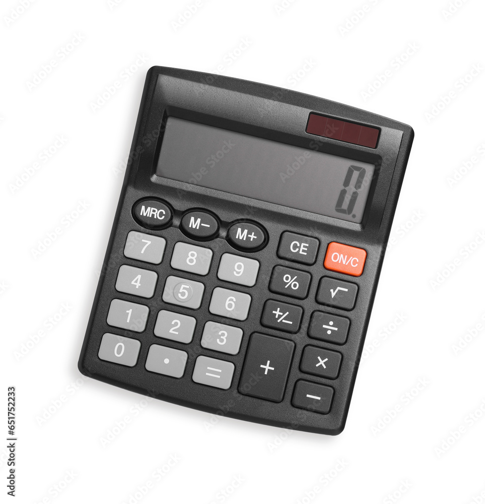 Black calculator isolated on white, top view. Office stationery Black calculator isolated on white, top view. Office stationery