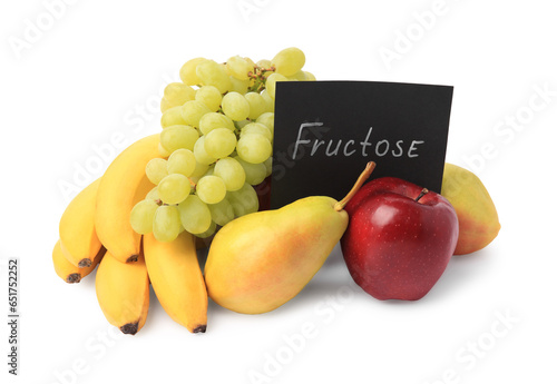 Fototapeta Naklejka Na Ścianę i Meble -  Card with word Fructose and delicious ripe fruits isolated on white