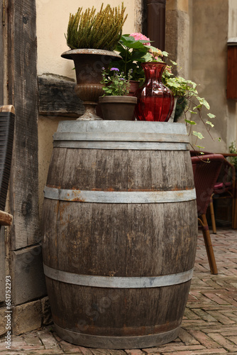 Traditional wooden barrel and beautiful houseplants outdoors © New Africa
