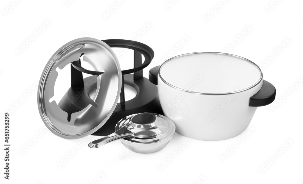Fondue set isolated on white. Kitchen equipment Fondue set isolated on white. Kitchen equipment