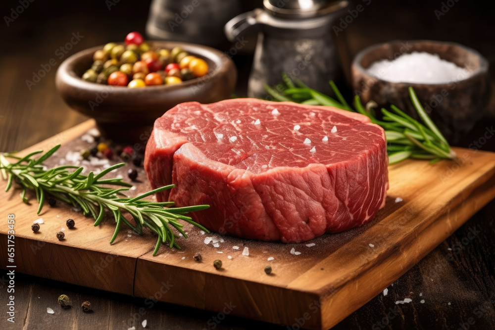 Raw beef filet Mignon steak on a wooden Board with peppers and herbs, AI Generated Raw beef filet Mignon steak on a wooden Board with peppers and herbs, AI Generated