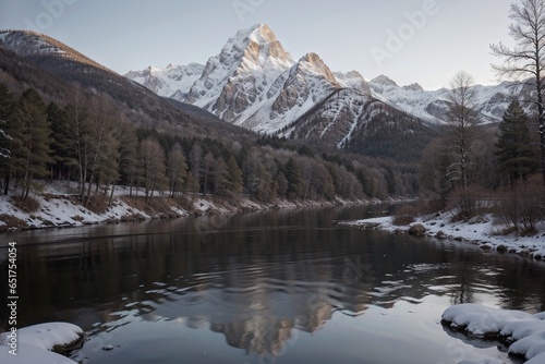 Tranquil Wilderness Snowy Forest River and Mountain Landscape. AI Generated. © Leandro