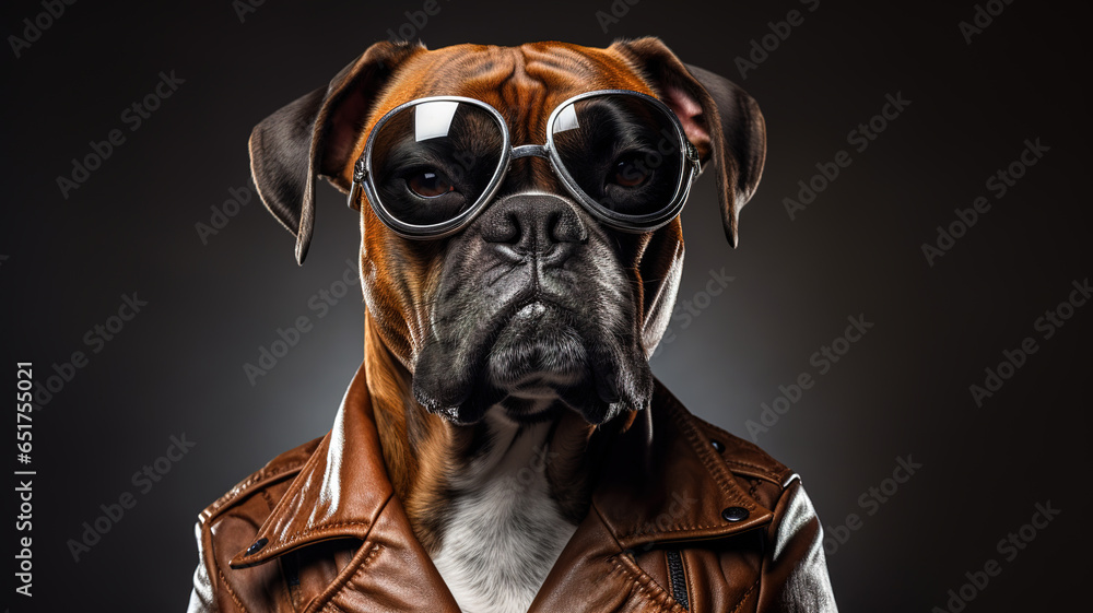 Cool looking boxer dog wearing leather jacket and sunglasses isolated on dark background. Digital illustration generative AI. Cool looking boxer dog wearing leather jacket and sunglasses isolated on dark background. Digital illustration generative AI.