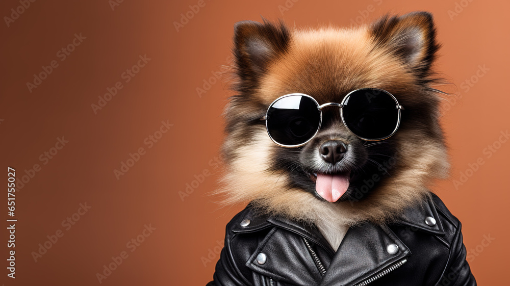 Cool looking pomeranian dog wearing leather jacket isolated on dark background. Digital illustration generative AI.