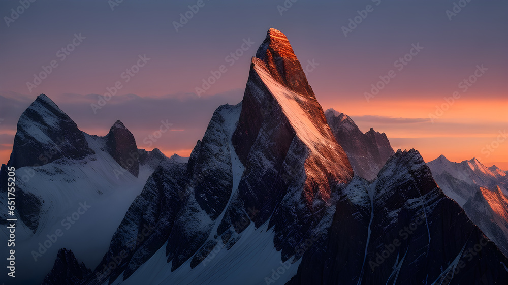 Enchanting Serenity: Majestic Mountain Peak Bathed in the First Light of Dawn