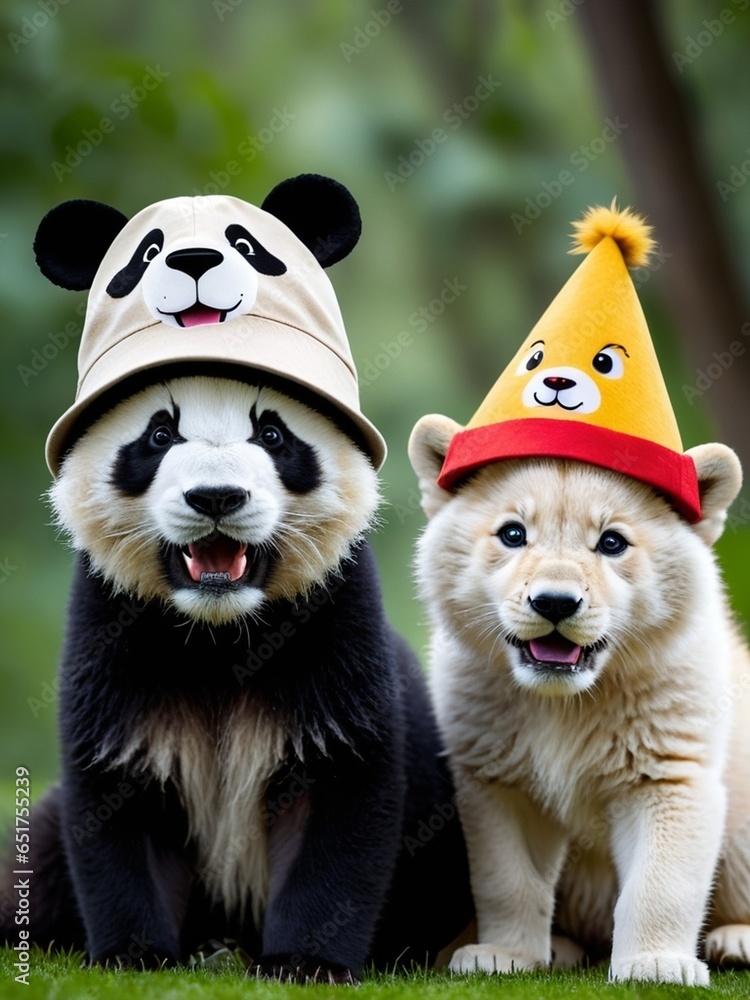 Hat tastic Trio Playful Panda Lion and Wolf Show Off Their Style. AI Generated. Hat tastic Trio Playful Panda Lion and Wolf Show Off Their Style. AI Generated.