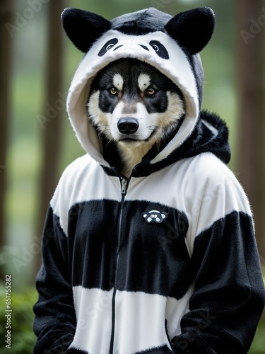 Enigmatic Wolf in Panda Outfit. AI Generated.