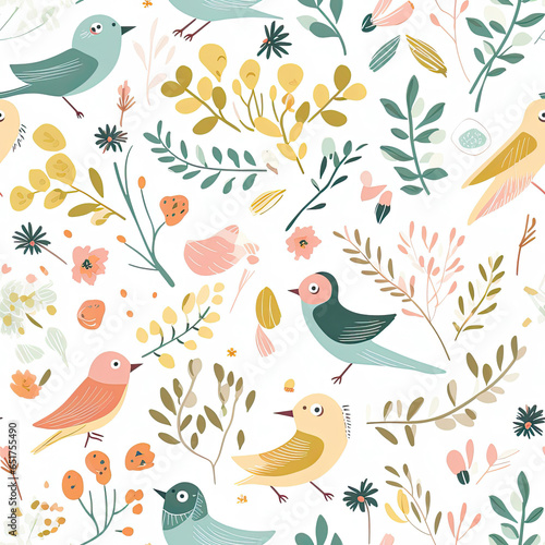 Nature Serenade A calming and soothing pattern with elements like birds, leaves, and soft colors vector art AI Generated