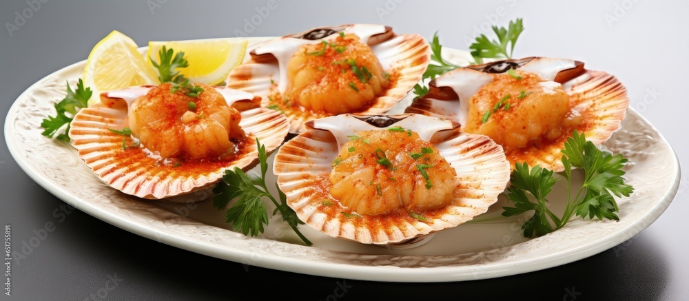 Baked scallops in shells on white background Scallops on white plate Mediterranean seafood Fresh shellfish Baked scallops in shells on white background Scallops on white plate Mediterranean seafood Fresh shellfish