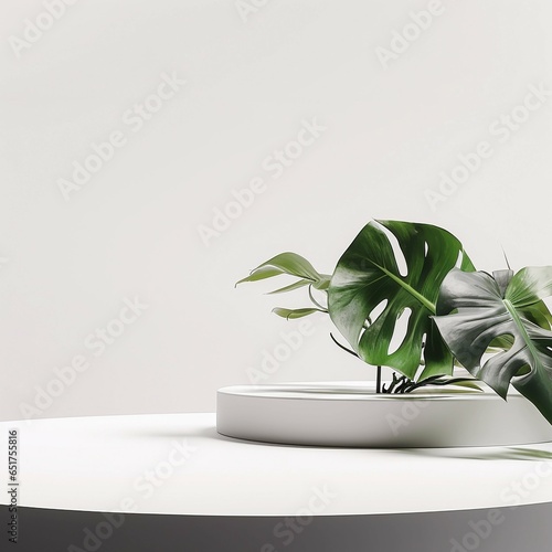 stunning empty luxurious white platform in front of a contemporary white background, with a variegated monstera on the left side, Nikon Z8 photo