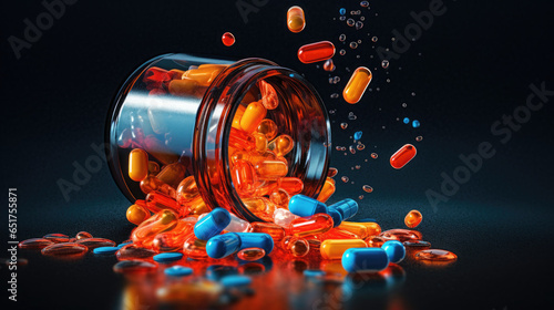 Medicine bottle spilling colorful pills depicting addiction risk, AI Generated photo