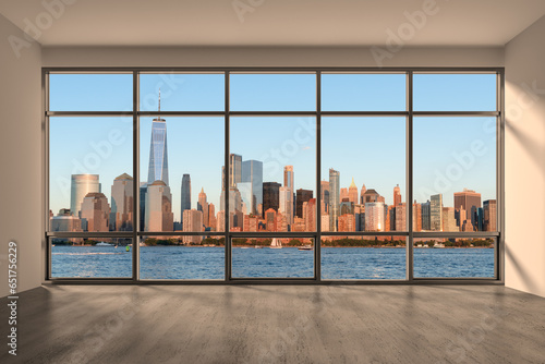 Downtown New York City Lower Manhattan Skyline Buildings. High Floor Window. Beautiful Expensive Real Estate. Empty room Interior Skyscrapers View Cityscape. Financial district. Night. 3d rendering.