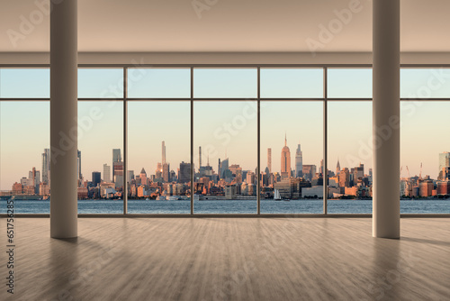 Midtown New York City Manhattan Skyline Buildings from High Rise Window. Beautiful Expensive Real Estate. Empty room Interior Skyscrapers View Cityscape. Sunset West Side. 3d rendering.