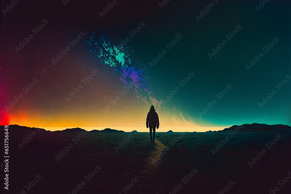 behind view of traveller walking into the distance across the horizon horizon at a height of exactly 100 pixels figure in centre of the image image taken at eye level wide camera view scifi 