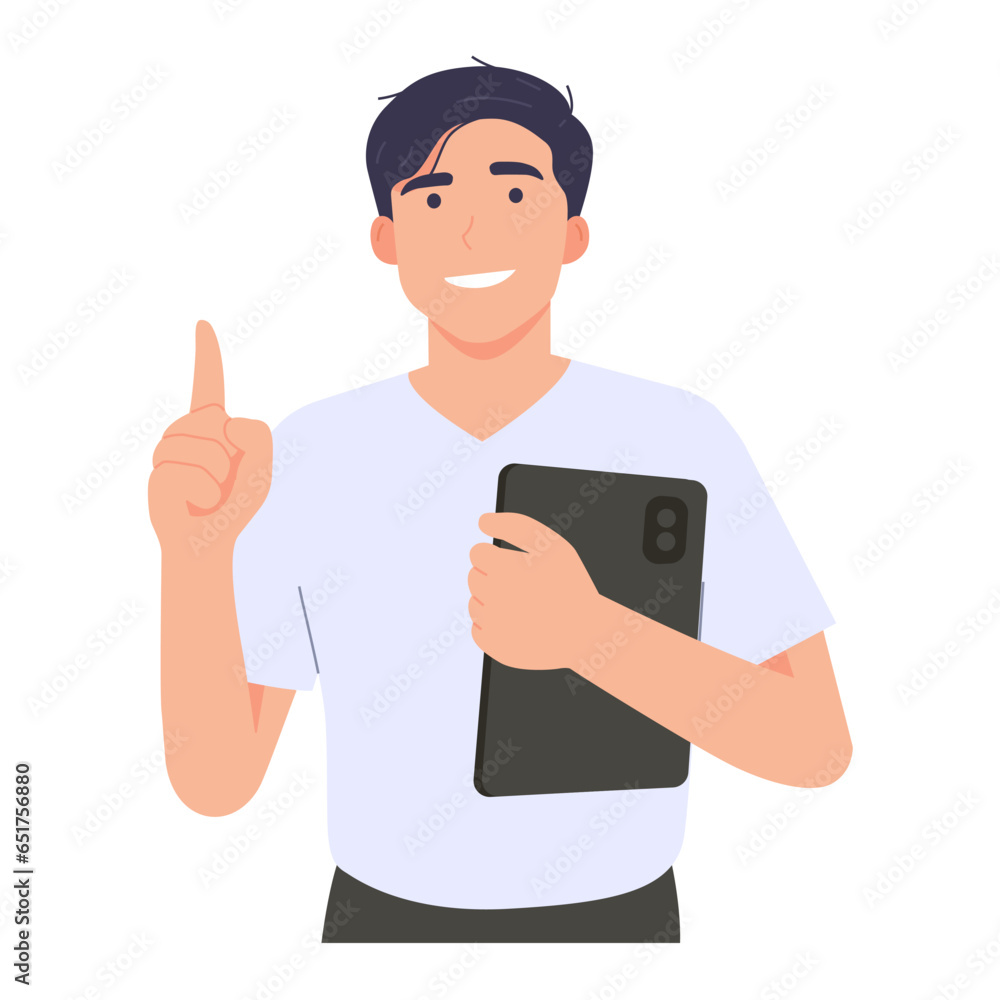Young man smiled cheerfully and looks comfortable. with a thumbs up pointing to the copy area. The male teacher explains the topic and gives advice. vector character illustration. Young man smiled cheerfully and looks comfortable. with a thumbs up pointing to the copy area. The male teacher explains the topic and gives advice. vector character illustration.