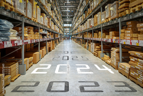 Large warehouse 2024 new year, warehouse storage and distribution of goods.
