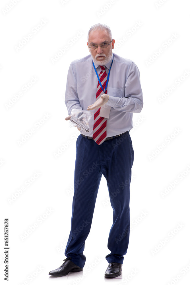 Old criminologist isolated on white Old criminologist isolated on white