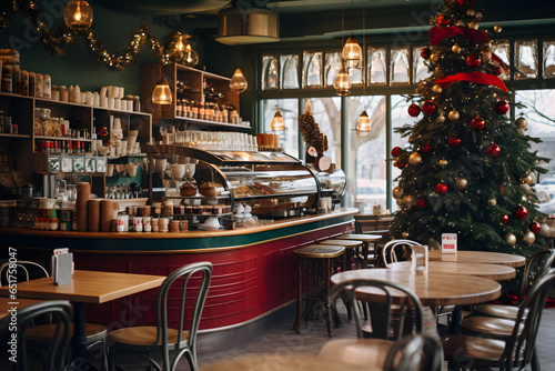 Indulge in the Heartwarming Festivities of the Season: Experience the Joy of a Christmas Decoration Coffee Shop, Brimming with Cozy Seating and an Ornately Decorated Christmas Tree 