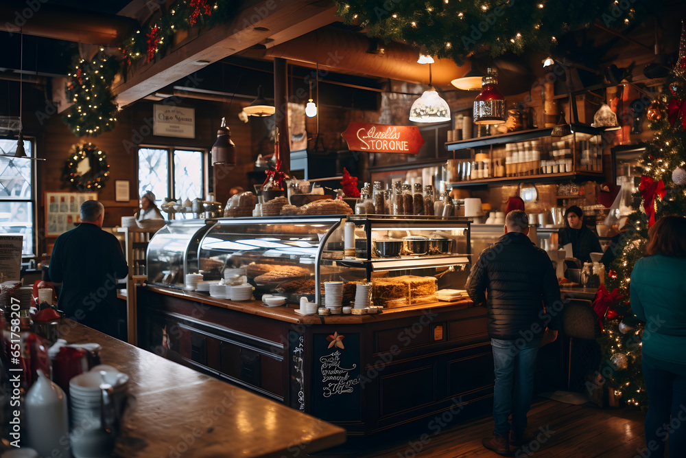 Holiday Elegance and Cozy Comfort Converge: Witness the Festive Grandeur of a Christmas Decoration Coffee Shop, Adorned with Cozy Seating, Aromatic Blends, and a Magnificent Christmas Tree
