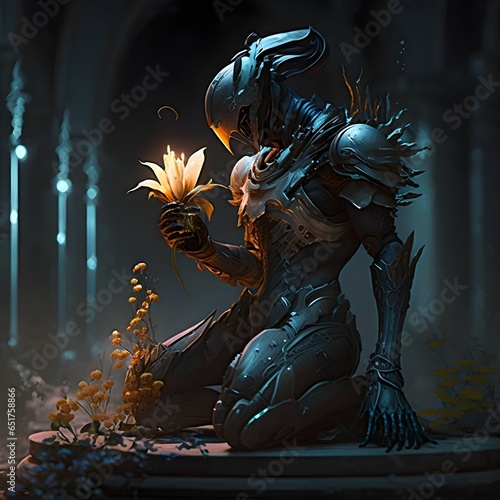 warframe posing suggestively but offering a flower to a shrine night dark dramatic lighting 