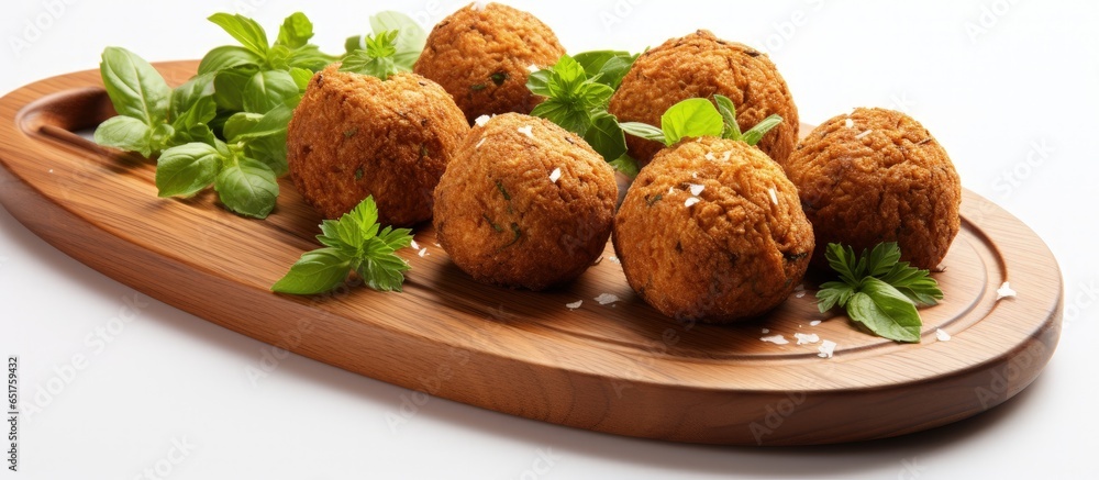 Wooden cutting board with freshly made falafel Wooden cutting board with freshly made falafel