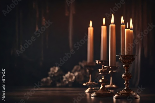 Burning candles on bronze candlestick against dark background at home. Vintage style. Calm romantic atmosphere. Horizontal image for design . 3D