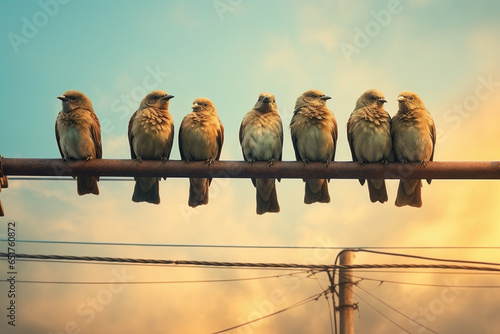 A group of birds standing on power lines - Generative AI