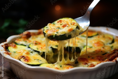 Savory Delights: Captivating French Gratin de Courgettes Embraced with Gooey Cheese and Golden Crust photo