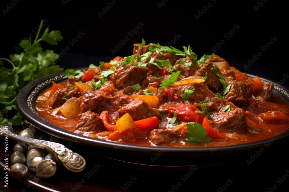 Savory Delight: A Close-Up of Goulash, Bursting with Flavors and Aromas Savory Delight: A Close-Up of Goulash, Bursting with Flavors and Aromas