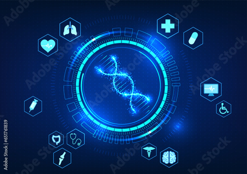 Medical technology DNA is inside the technology circle along with medical elements. Modern technology can access DNA data to analyze and find new medicines for patients.