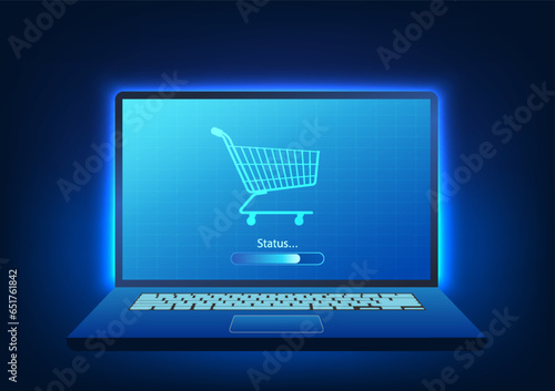 Computer screen has a shopping cart with status. It represents online shopping where products can be ordered anywhere in the world via the internet.