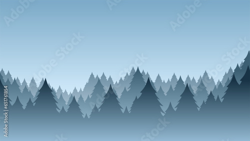 Pine forest in the mist vector illustration. Pine forest in the mountain silhouette landscape. Pine forest landscape for background, wallpaper or landing page. Coniferous panorama night scene