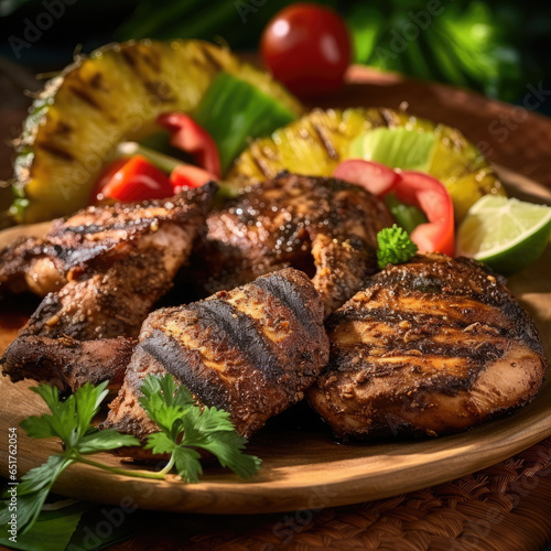 Slices of home-made jerk chicken fillets marinated in jerk seasoning, AI Generated