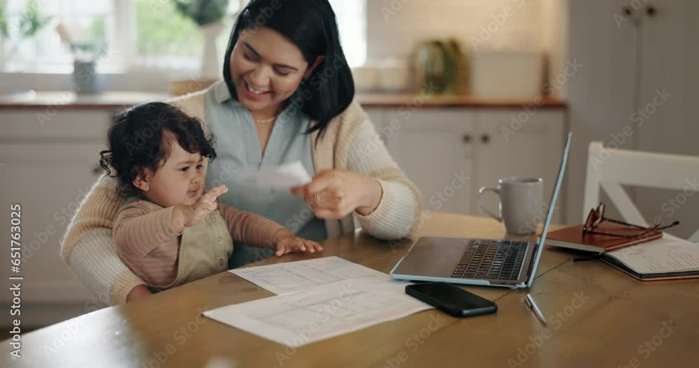 Remote work, laptop and mother playing with with baby in kitchen for working from home, business and maternity leave. Freelance, family and happy mom with child on computer for bonding and relax Remote work, laptop and mother playing with with baby in kitchen for working from home, business and maternity leave. Freelance, family and happy mom with child on computer for bonding and relax