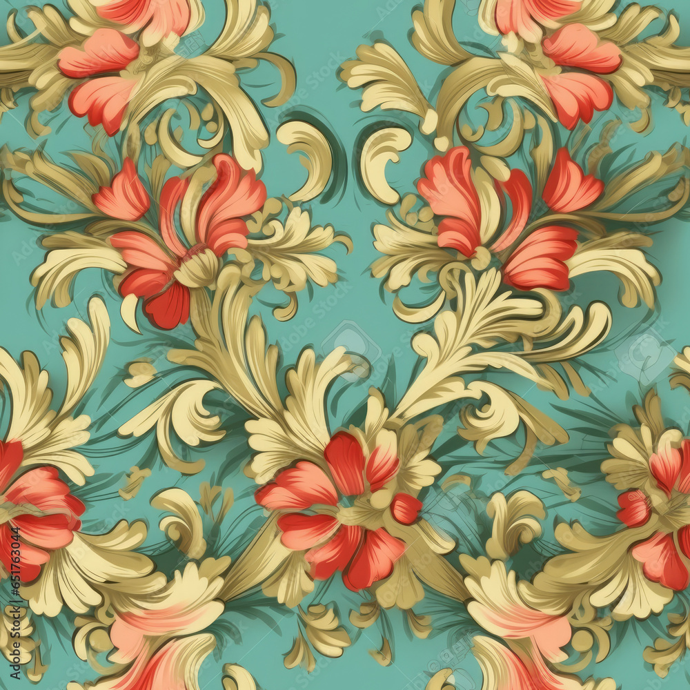Rococo flower pattern red mint and golden colors seamless pattern, AI Generated