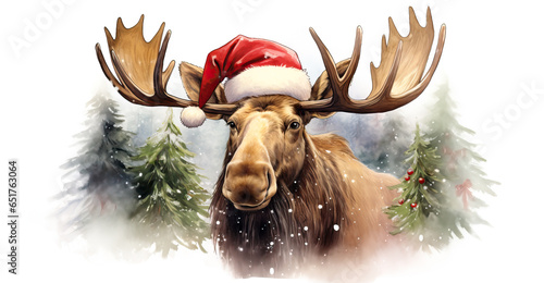 Festive Antlers,  Christmas Moose Portrait in Red Santa Hat.  Watercolor Print and Poster. 