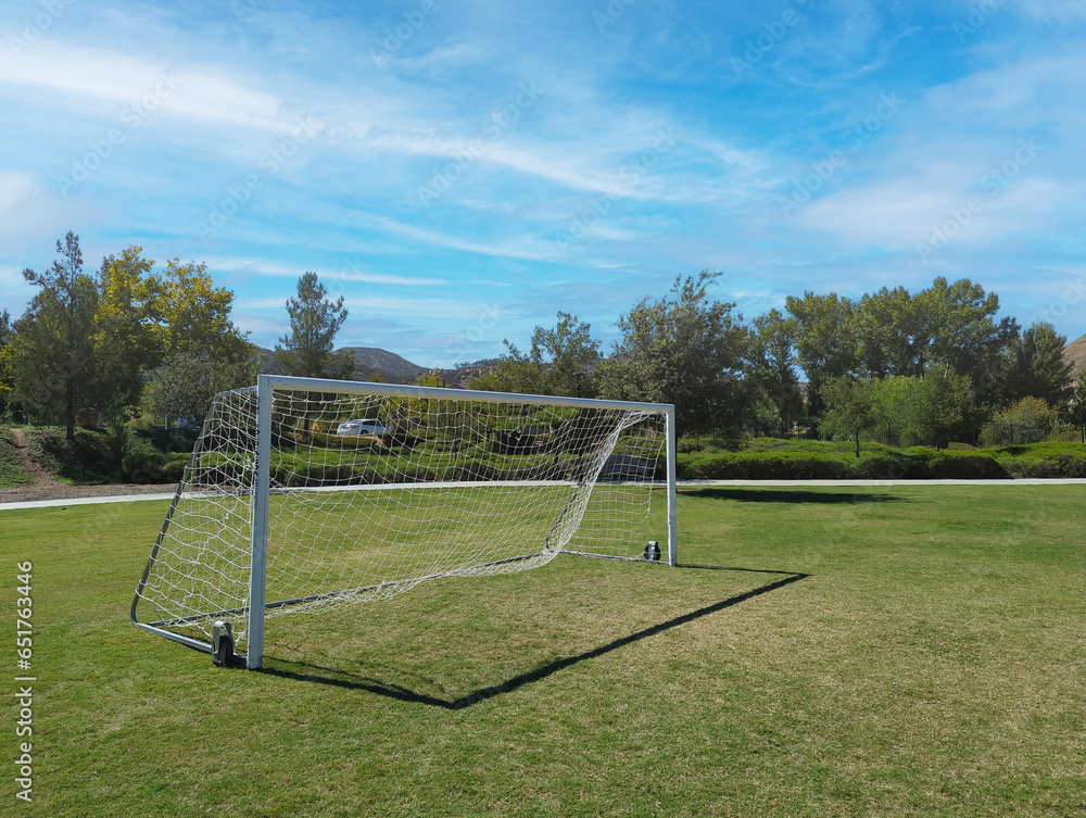 View of a portable soccer goal at a public park