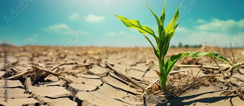 Severe lack of rainfall in a cornfield with only one thriving stalk in scorching heat photo