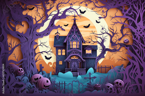Halloween Paper Cut Illustration of a spooky haunted house in the woods at night